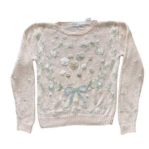 Vintage 90s Melbourne Elements Bow Floral Bouquet Hand Knit Long Sleeve Sweater